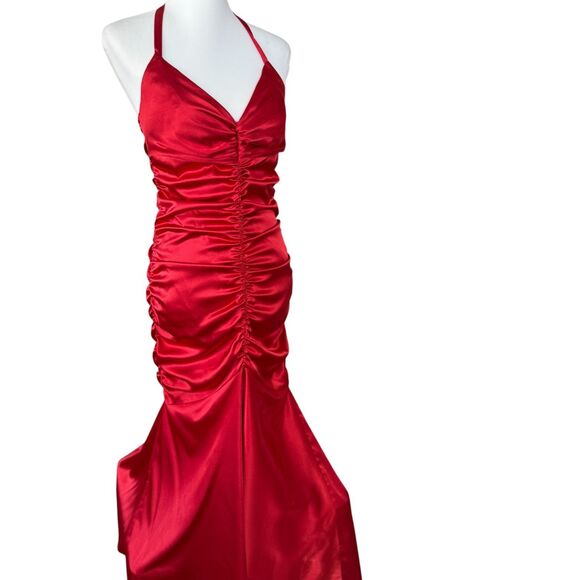 Jessica McClintock Bridesmaid Prom Red Satin Halter Hi Low Ruched‎ Maxi Dress 8 - Picture 1 of 13